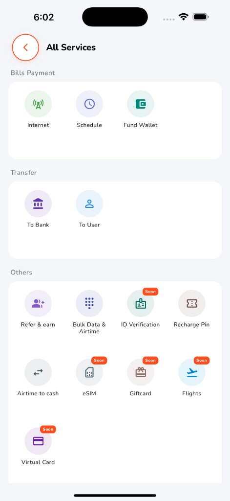 nascodata mobile app — All Services screen with bills, transfers, eSIM and more